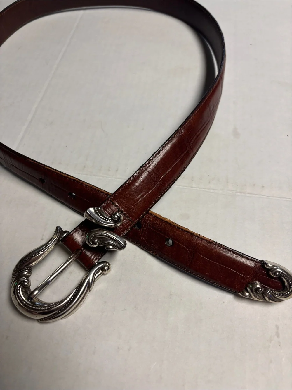 Vintage Brighton Brown Leather Belt with Decorative Silver-Tone Buckle